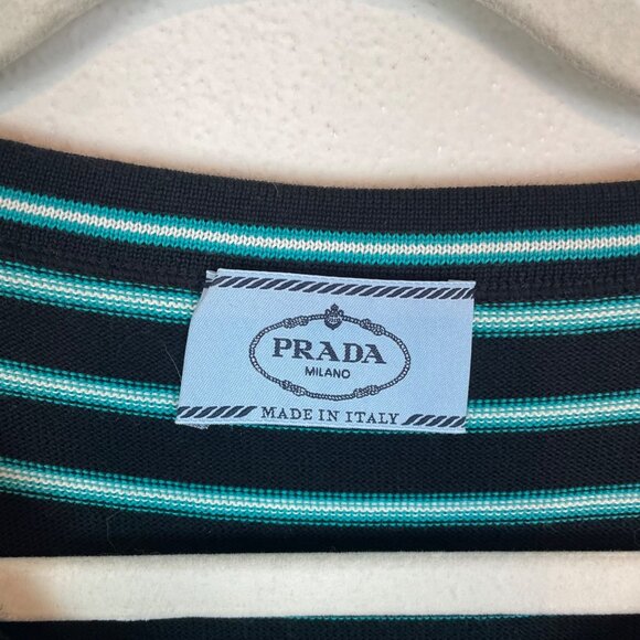 Prada Italian 40 US 4 Black Blue Striped Knit Sweater Dress 2013 Fitted Waist - Picture 3 of 8